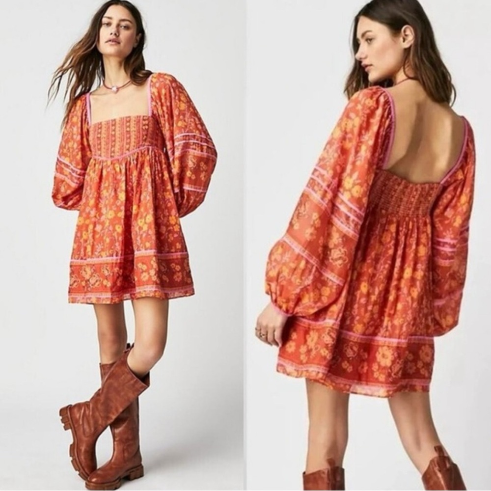 Free People Endless Afternoon Mini Dress Floral Bohemian Orange Dress